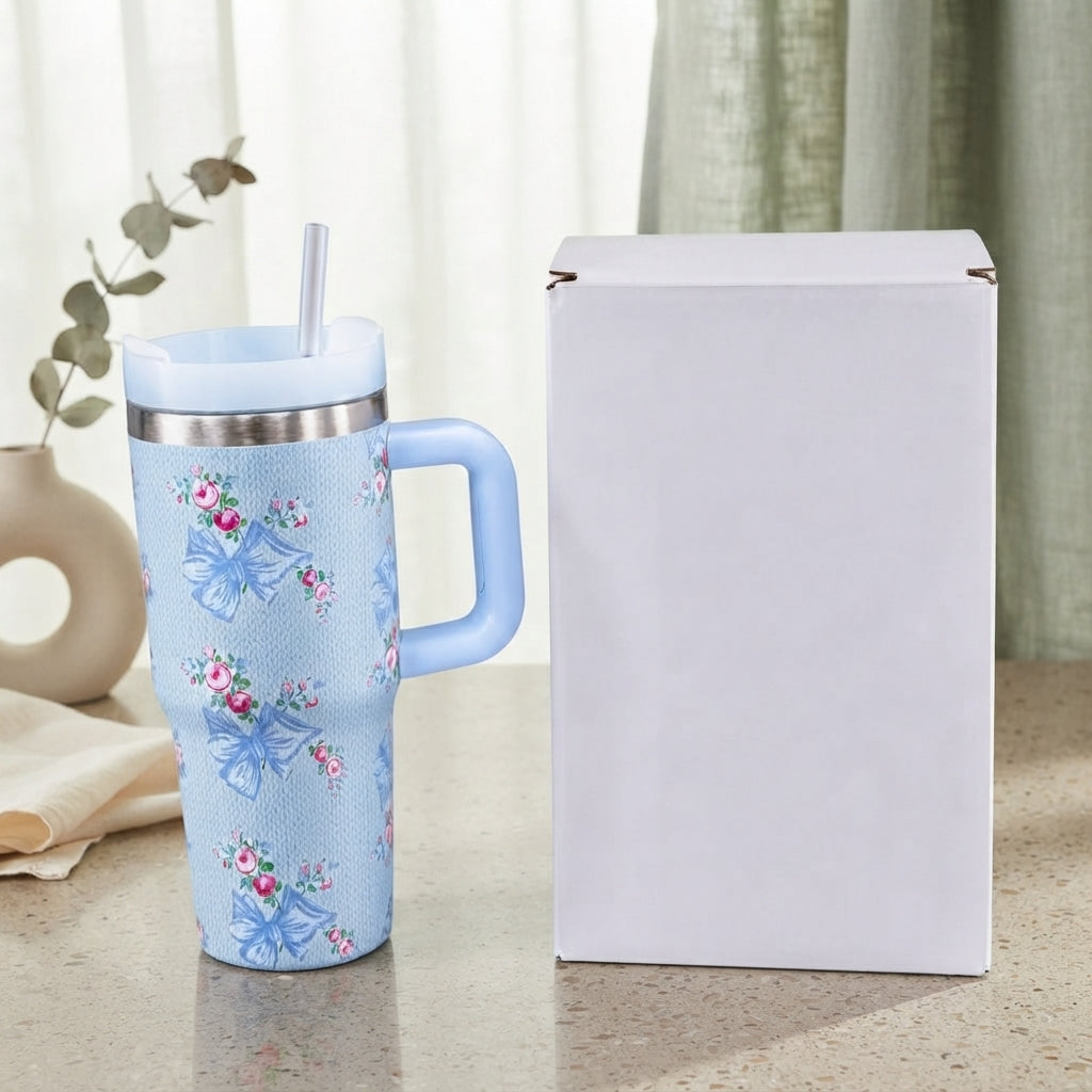 Stanley Style Blue Floral Print Tumbler - Drinkware Accessory Designed For Liquid Hydration And Daily Travel Routine - 600ML