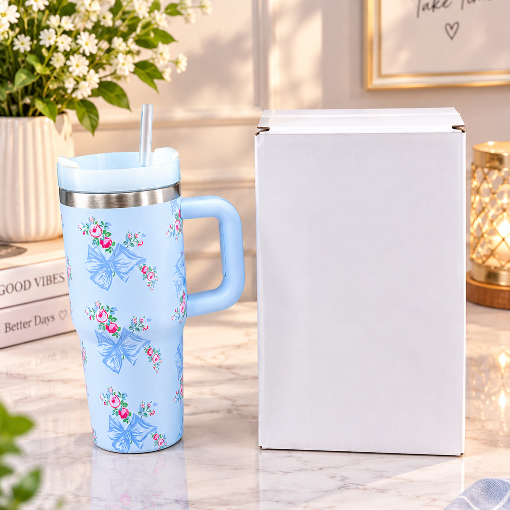 Stanley Style Blue Floral Print Tumbler - Drinkware Accessory Designed For Liquid Hydration And Daily Travel Routine - 600ML