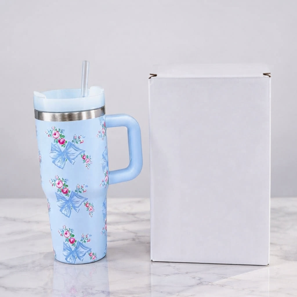 Stanley Style Blue Floral Print Tumbler - Drinkware Accessory Designed For Liquid Hydration And Daily Travel Routine - 600ML