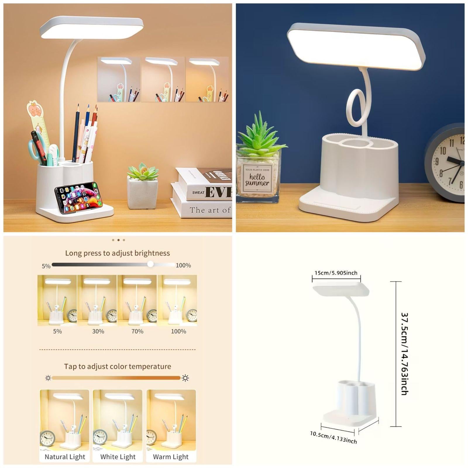 title`: `LED Study Lamp with Pen Holder & Phone Stand | Touch Dimmable Desk Light`