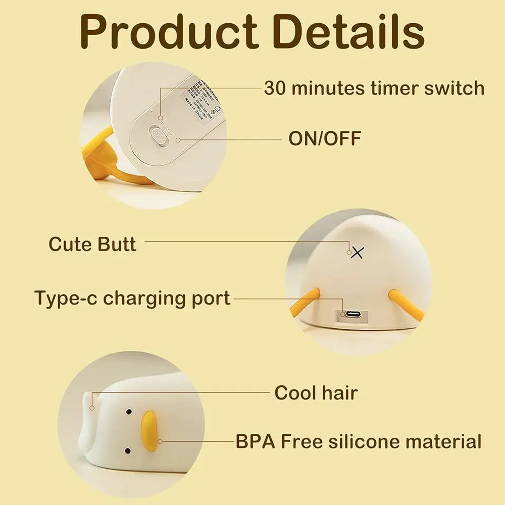Duck Night Lamp 🦆 – Rechargeable Touch Light with Timer