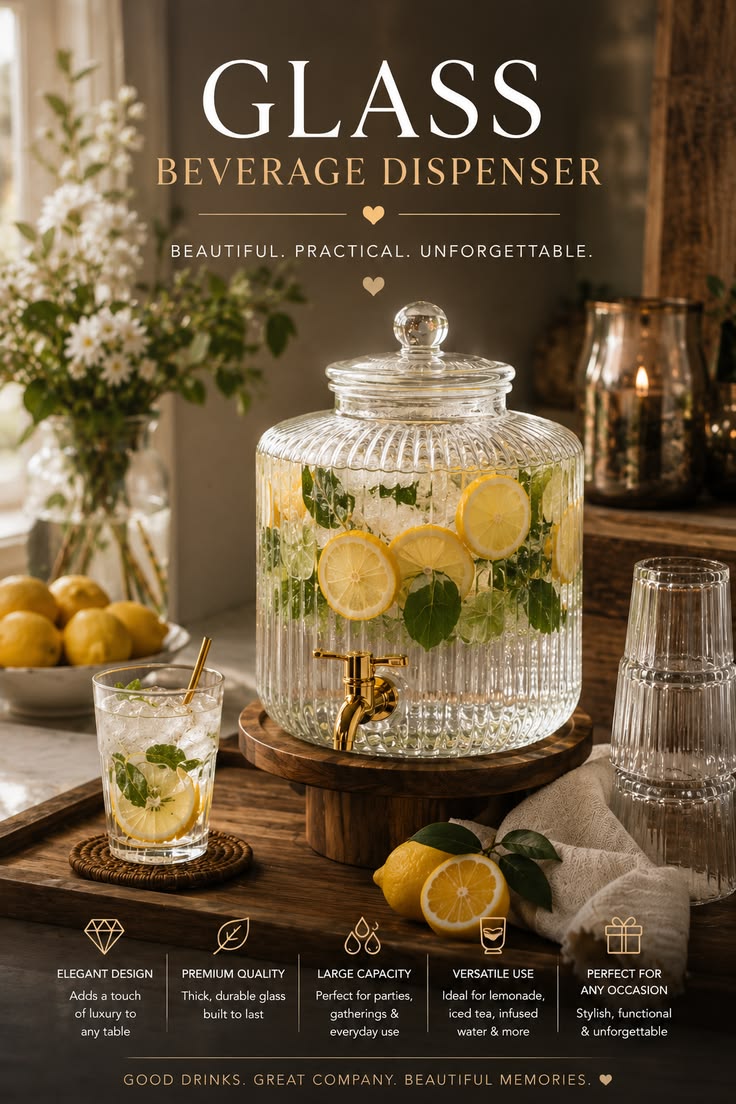 Glass Drink Dispenser with Tap | Elegant Beverage & Mocktail Dispenser for Baby Shower, Tea Party & Events